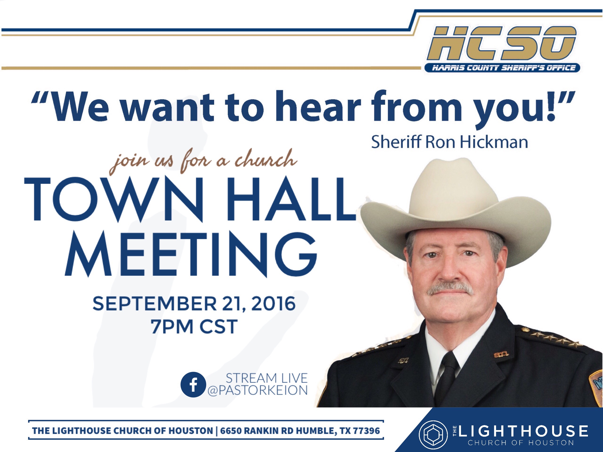 The Lighthouse Church, under the leadership of Pastor Keion Henderson, announced today that it will host the Harris County Sheriff’s Town Hall Meeting on September 21 at 6:00 p.m.